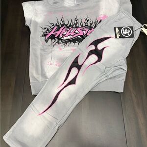 Hellstar Gray Sweatpants with Pink Flame Design